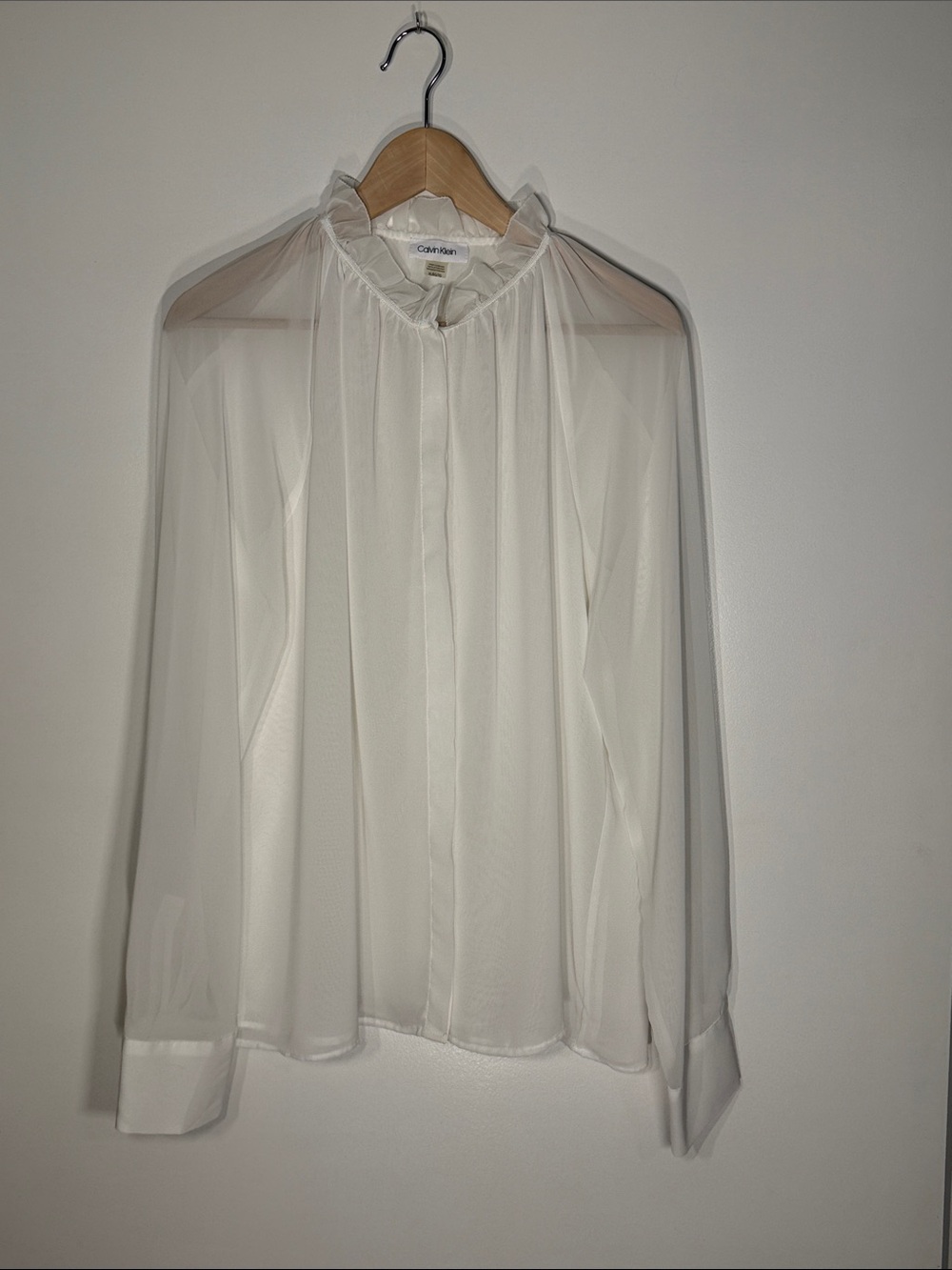Calvin Klein Ivory Sheer Ruffle-Neck Blouse XL
